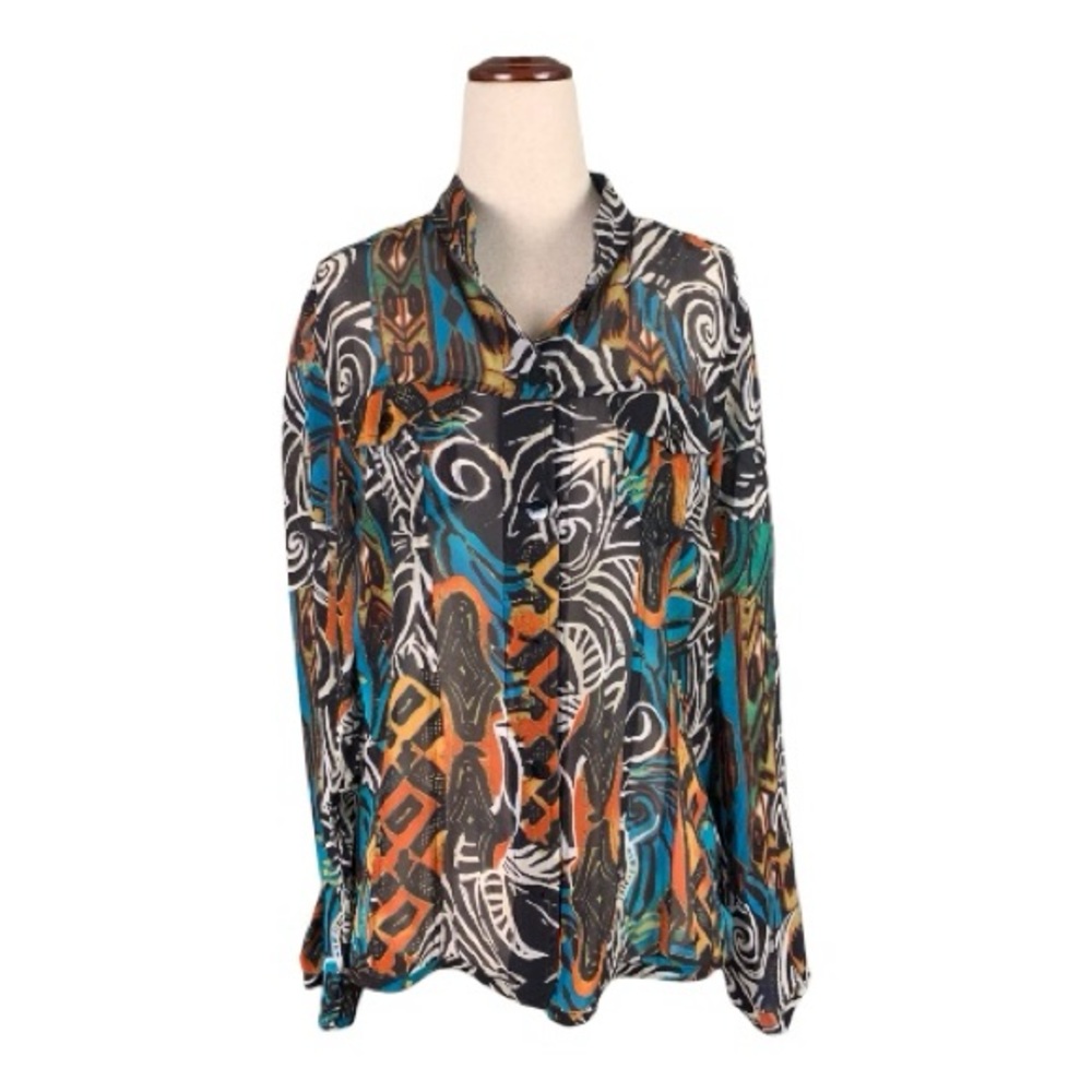 Chico's 100% Silk Abstract Print Sheer Blouse Button Up Vibrant Size Medium